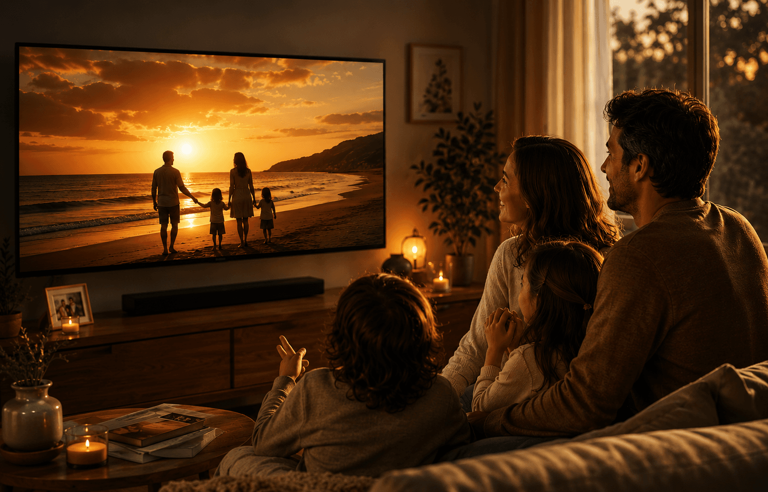 Family sharing a warm moment · golden hour